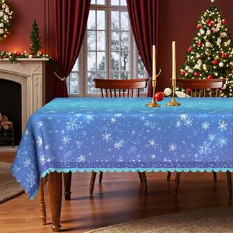 1pc Christmas Blue Tablecloth - Snowflake Design Dining Table Cloth, Matching Gradient Blue Background With Snowflake Decor - Polyester Fabric - Fits Rectangular, Round, Dining Tables - Party, Home, Restaurant Winter Decor - Easy To Clean Holiday Decoration
