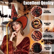 Witch Hat For Women Costume, Witch Hats With Lights Halloween Adult And Teens Women's Large Witches Hat Costume Accessories For Party Cosplay Sorcerer Cap For Festival Party Masquerade For Halloween Party Decorations - 橙色(飄帶) - 查看 3