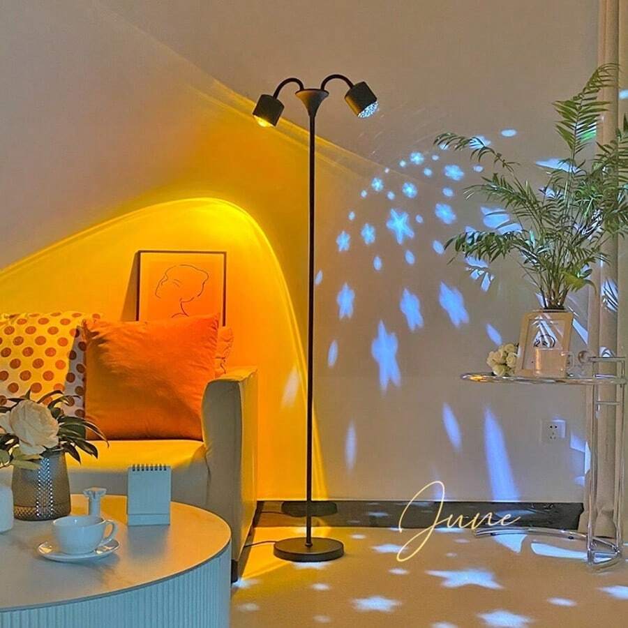 "Double-Head RGB Sunset Wave Floor Lamp – 360° Rotating Ambient Projector With 3D Ripple Lighting Effect For Bedroom, Living Room, And Party Decor" - 黑色 - 查看 1