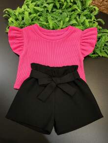 Children's Set Cropped Frufru Blouse + Linen Clochard Shorts Kit With 2 Super Stylish Pieces CJI033 - 黑色和泡泡糖粉紅色 - 查看 2