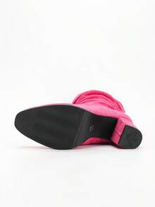 Chunky Heel Slouchy Boots Round Toe Suede Slim Tall Boots For Women, New Autumn/Winter Mid-Calf Riding Boots, Fur Trim, Pink - Watermelon Pink - View 7