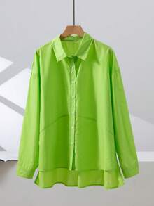 Plus Women's Minimalist Solid-Color Button-Down Shirt Casual Loose-Fit Long-Sleeve Shirt Autumn And Winter