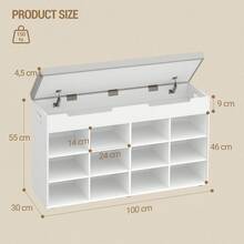 HEXCELEN Shoe Bench, Shoe Rack With Seat, Bench With Storage Space, 12 Compartments, Removable Shelves, Suitable For Living Room, Hallway, Entrance, Space-Saving, 30 X 100 X 55 Cm, White - 白色 - 查看 9