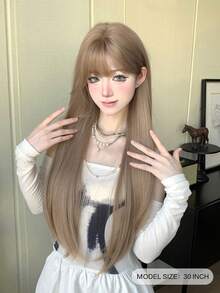 alicegarden 1 hitzebeständige synthetische Perücke, lange braune gerade Perücke mit Pony-Stil, 30 Zoll lang, aus Kunstfaser, für täglichen Partygebrauch, natürliche und realistische Perücke (ohne Zubehör) - Braun - Übersicht 4