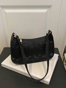 1pc Fish Scale Pattern PU Leather Zipper Closure Shoulder Bag For Women, Suitable For Everyday Use In Autumn/Winter - Black - View 7