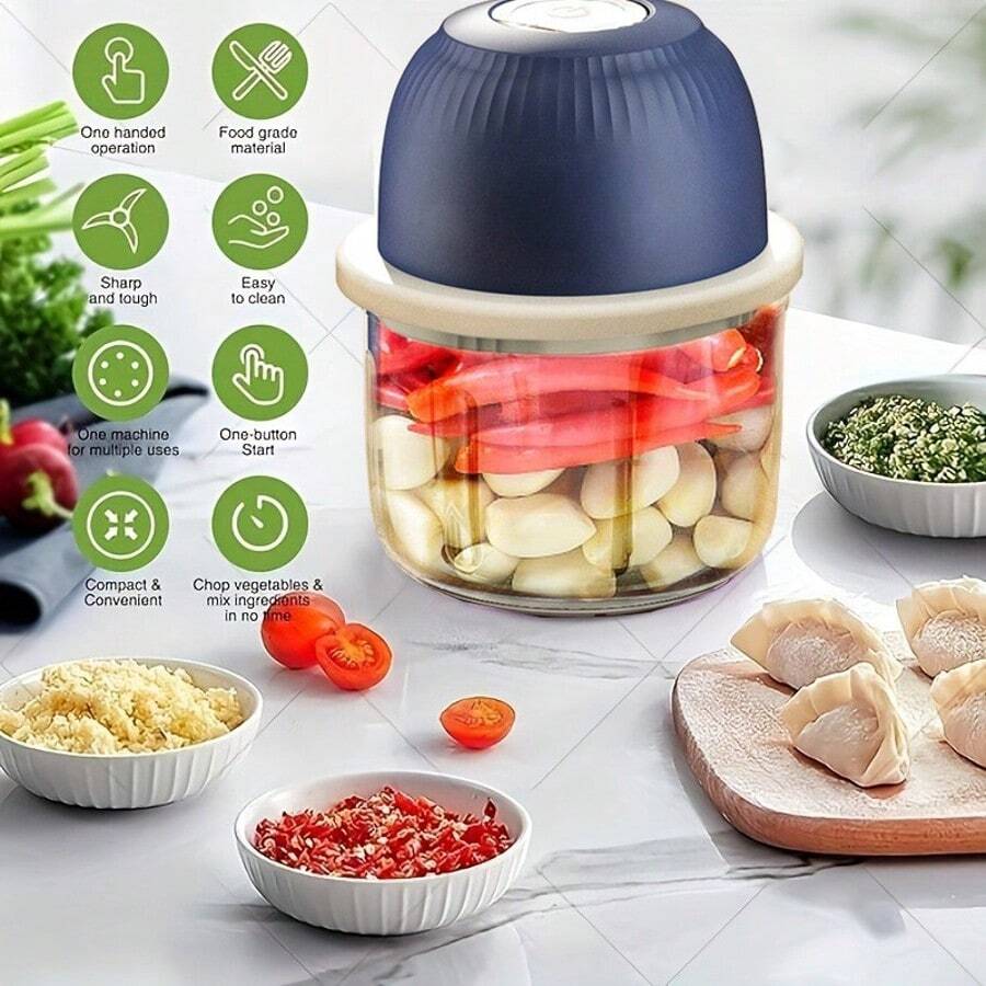 1pcs Electric Mini Garlic Chopper, Electric Garlic Chopper Portable 250 ML Food Chopper Manual, Garlic Mincer USB, Vegetable Chopper, Onion Chopper For Kitchen, Portable Small Food Processor For Garlic, Ginger, Chili, Vegetables,Garlic Chopper, Mini Portable Veggie Chopper, Garlic Grinder Masher Onion Chopper, Blender To Vegetable, Wireless Food Processor For Ginger - XANH DƯƠNG-1 cái - Xem 1