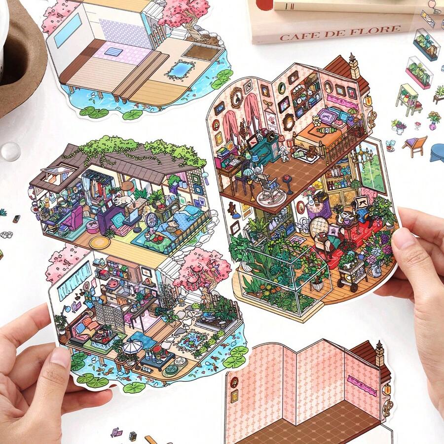 2 张我的小房子系列 3D 房屋贴纸 DIY 场景装饰贴纸 + 1 张场景纸板 - 彩色 - 查看 1