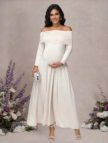 JustVH Maternity Off Shoulder Long Sleeve Solid Color Dress Autumn And Winter Pregnant Maxi Dress For Baby Shower Party, Gender Reveal