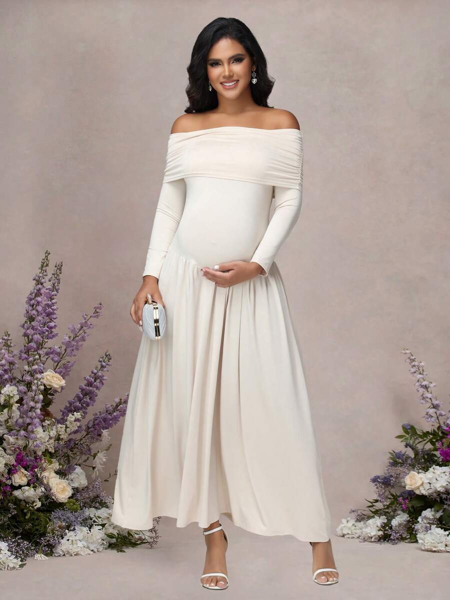 JustVH Maternity Off Shoulder Long Sleeve Solid Color Dress Autumn And Winter Pregnant Maxi Dress For Baby Shower Party, Gender Reveal