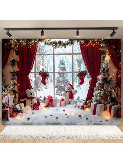 1pc, Winter Wonderland Christmas Photography Background Cloth - Vibrant Rural Window Scenery With Snowmen, Trees, And Gifts - Perfect For Holiday Parties, Home Decor, And Photography Studio Props