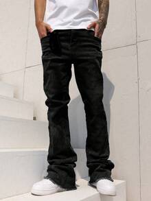 leev Stretchy Skinny Jeans, Casual Street Fashion Denim Pants With Slanted Pockets, Cotton Flared Leg Trousers With Stylish Pattern - Black - View 5