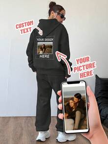 Custom Print Women'S Hooded Tracksuit Set - Stylish Pocket Sweatshirt , Casual WearActive Wear|Hooded Tracksuit - Black - View 2