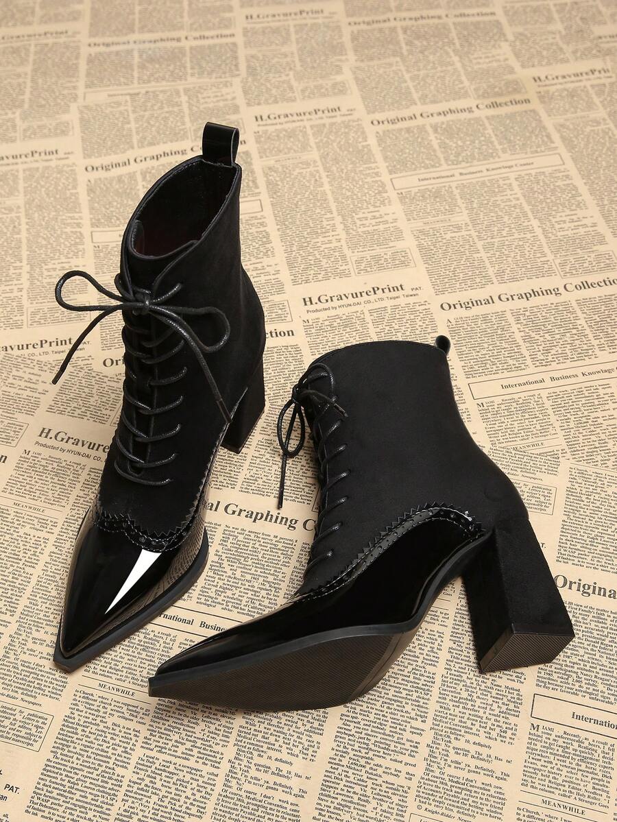2025 Botas elegantes de alta calidad y gran de otoño nuevas, con cordones de color negro, tacón grueso de tacón alto, puntera puntiaguda y botines de moda versátiles para mujer, para otoño/invierno - Negro - Ver 1