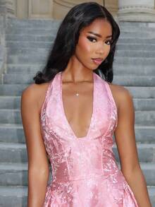 Mima John 复古3D压花V领无袖喇叭裙女士连衣裙女士连衣裙生日女士夏季服装女士生日服装万圣节 - 粉色 - 查看 5