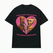Black T - Shirt With "TUNG TUNG TUNG SAHUR BALLERINA CAPPUCCINO" Text And Cartoon Pattern Baby Tees  Teen Girls Clothes Tween Girls Clothing Jamaica - 黑色 - 查看 1