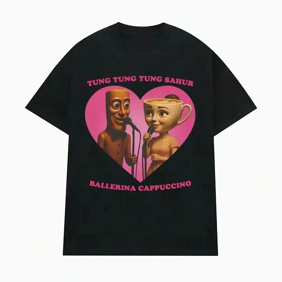 Black T - Shirt With "TUNG TUNG TUNG SAHUR BALLERINA CAPPUCCINO" Text And Cartoon Pattern Baby Tees Teen Girls Clothes Tween Girls Clothing Jamaica - 黑色 - 查看 1