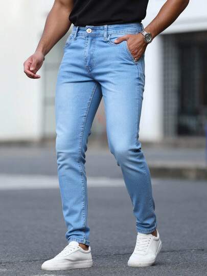 Pantalones vaqueros azul claro de corte sencillo y entallado, tiro alto elástico, versátiles para uso casual