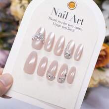 24Pcs Cat Eye Press On Nails Bulb Shape Nude Pink False Nails With Diamond Glitter Full Cover Glue On Nails Medium Length Manicure Set - Bạc - Xem 2