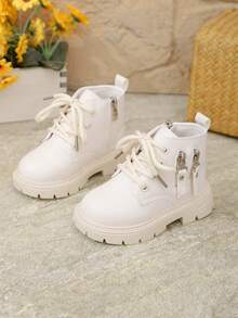 1 双儿童软底双拉链圆头英伦风格靴子，幼儿防滑皮革短靴，街头时尚踝靴 - 白色 - 查看 4