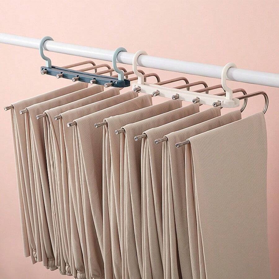 5 Layer Foldable Trouser Hanger, Stainless Steel Anti-Slip Pants Rack, Collapsible Wardrobe Space Saver For Jeans, Leggings & Scarves - Multicolor - View 1