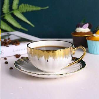 Turkish Coffee Cup Set,Cappuccino Cups With Saucers,Ceramic Coffee Cup Set Of Gold Trim,7oz For Double Espresso,Latte,Cafe Mocha, Tea