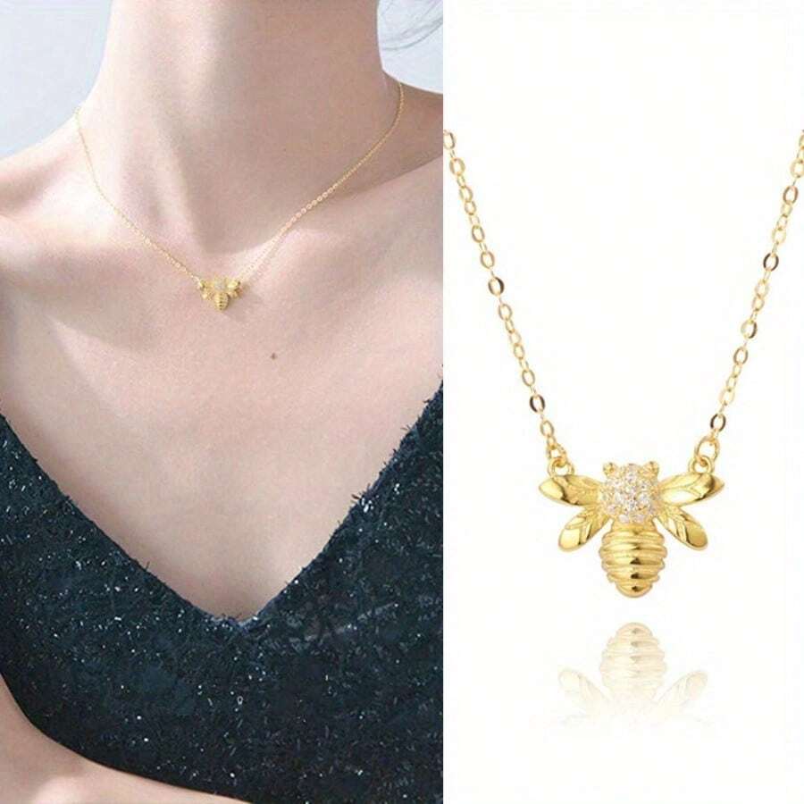 French Elegance Golden Bee Pendant Necklace Prong-Set Synthetic Zirconia Wings Stackable Jewelry For Day To Night - golden - 查看 1