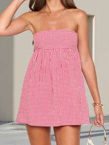 Women Summer Mini Bandeau Dress Off Shoulder Strapless Plaid Tube Top Dress With 2 Pockets - Red - View 5