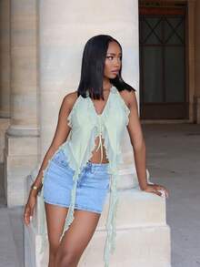 Summer Romantic Green Ruffle Edge Ribbon And 3D Flower Tie Neck Top Summer Women Tops Concert Women Outfit Sexy Outfits - Green - View 4