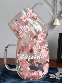 Ręcznie robione szklane kubki z prawdziwymi suszonymi kwiatami, personalizowany szklany kubek z motywem kwiatowym, zestaw naczyń botanicznych z niestandardowym tekstem imienia, kubek do kawy i herbaty, dom i styl życia, nawiedz swój dom, pamiątki