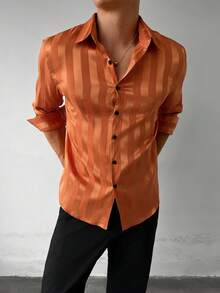 WAIT HIM Men's Striped Print Button Front Casual Long Sleeve Shirt, Fall - Orange - View 6