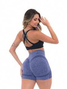 Women's Sports Fitness Leggings High Elasticity Seamless High Waist Butt Lifting Shorts - 藍色 - 查看 3