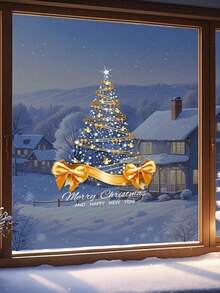 1 Stück Goldener Weihnachtsbaum Fensteraufkleber, Weihnachtsbaum und Fröhliche Weihnachten Muster Aufkleber, geeignet für Weihnachts-Schlafzimmer, Wohnzimmer, Badezimmer Dekoration, kann als Geschenkdekoration, Wandaufkleber, Fensterglasaufkleber verwendet werden, sehr geeignet für Weihnachtsfeiern, Innen- und Außendekoration Zuhause, Fensterdekoration, Feiertags- oder Saisondekoration