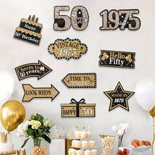 10pcs 50th Birthday Party Supplies - Elegant Black And Golden Flashing Paper Signs, Vintage-Inspired Decorations For Adult Celebrations, Includes "Happy 50th Birthday" And "Cheers To 50 Years" Designs, Celebration Signs|Decorative Party Signs|Glitter Embellishments, Birthday Party Decorations