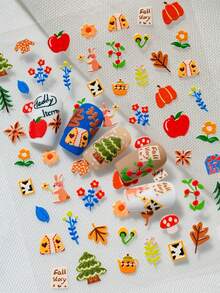 一款卡通美甲贴纸，采用激光浮雕技术，可爱俏皮的手绘风格，图案包括兔子、松鼠、苹果、花朵等，适合个人DIY和美甲沙龙使用。 - 彩色 - 查看 5