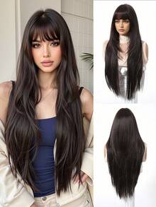 28 英寸黑色长直发合成假发，带刘海，自然黑色耐热纤维发，全机器制作，Cosplay 派对假发，适合时尚女性日常校服，适合万圣节和圣诞节新年狂欢音乐节角色扮演、女孩礼物、夏季毕业礼物、现成礼物、万圣节圣诞节礼物 - 棕色 - 查看 3