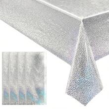 1/3 قطعة من أغطية الطاولة الهولوغرافية الفضية اللامعة بتأثير الليزر والألوان المتغيرة 137*243 سم، أغطية طاولة بلاستيكية بيضاء لديكور حفلات عيد الميلاد والزفاف والكريسماس وحفلات التخرج