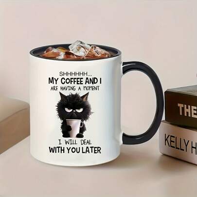 1 pieza Taza de café con gato divertido, taza de cerámica impresa por ambos lados de manera creativa - un recipiente versátil para bebidas en todas las estaciones. Regalo de cumpleaños perfecto, regalo festivo, favor de fiesta o decoración del hogar, adecuado para una variedad de bebidas, 11 onzas, taza de café linda, accesorio de bar de café, juego de tazas, taza con tema de gato