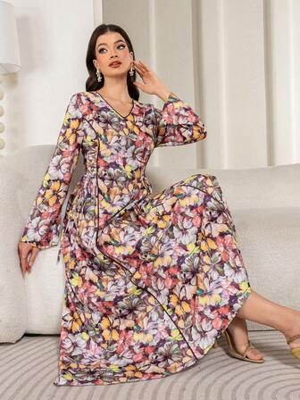 女性用エレガントな花柄プリント長袖Vネックウエストリボンワンピース、デイリー着用、春秋