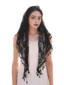 Lenço feminino de renda floral rosa vazada com franjas, em cor sólida, ideal para véu de noiva ou xale de casamento. - Multicolorido - Ver 28