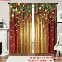 2PCS Printed Polyester Material Christmas Themed Red Curtains, Designed With Golden Snowflakes And Golden Pine Branches, Translucent Bedroom, Living Room, Office Home Decoration, Pole Bag Style, Flat Style