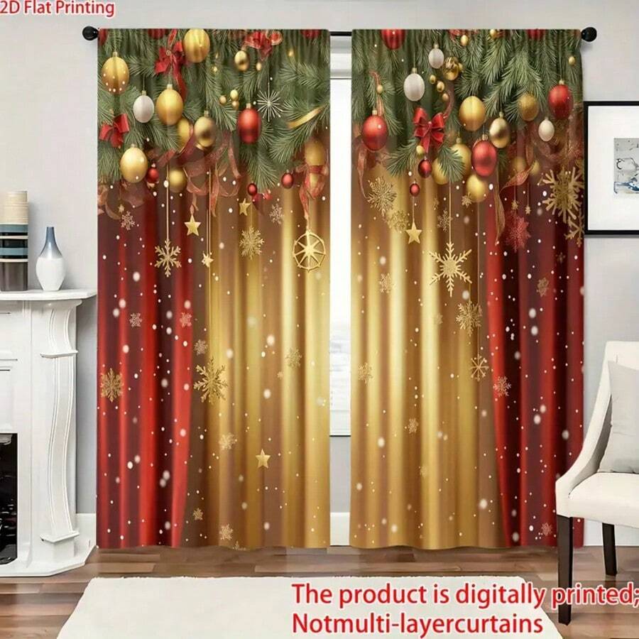2PCS Printed Polyester Material Christmas Themed Red Curtains, Designed With Golden Snowflakes And Golden Pine Branches, Translucent Bedroom, Living Room, Office Home Decoration, Pole Bag Style, Flat Style