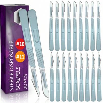 Disposable #10 And #11 Scalpel Blades, Pack Of 20 Dermaplaning Blades W. Plastic Handle, Surgical Knife Scalpel, Carbon Steel Dermablade Surgical Blades Individually Wrapped 10x#10, 10x#11 Blade