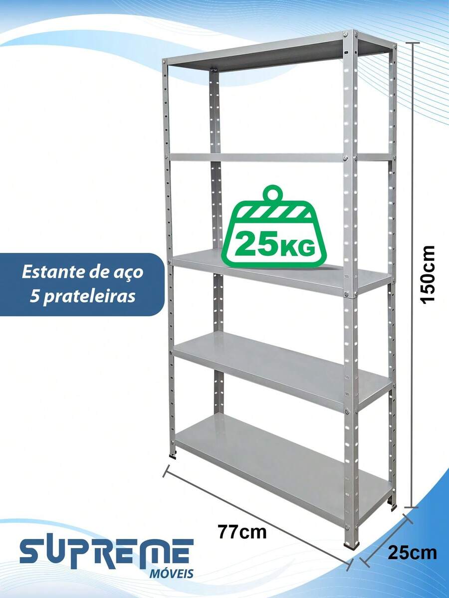 5-Shelf Adjustable Steel Shelf 25x77cm 25kg Multipurpose Various Colors - 灰色 - 查看 1
