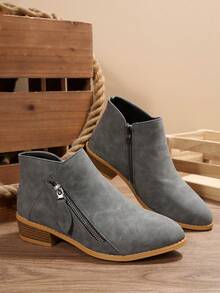 Women's Chunky Heel Ankle Boots, Low Heel Side Zipper Short Boots, Solid Color Pointed Toe Ladies Boots, Suitable For Holidays, Vacations And Travel, Classic Versatile Women Boots - Grey - View 2