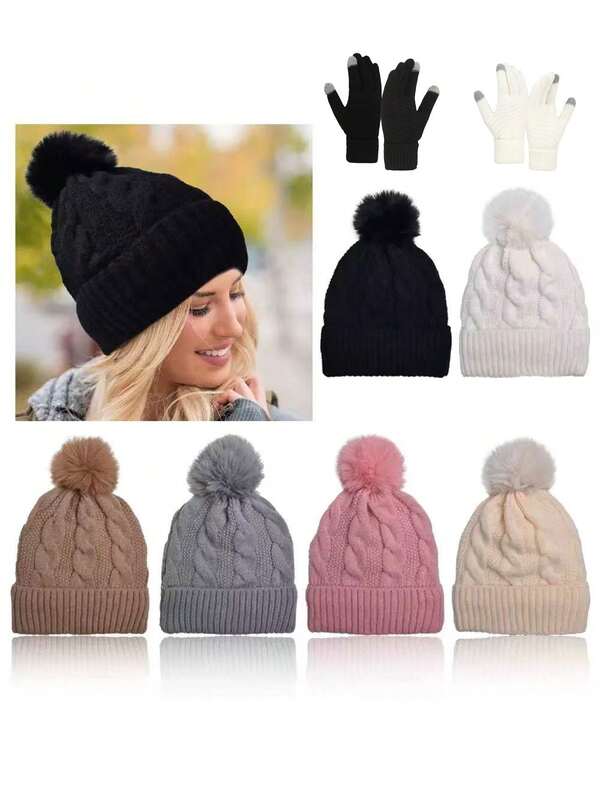 2pcs Hat And Gloves Set, Unisex Knitted Beanie Hat And Gloves, Warm And Fashionable For Autumn/Winter, Suitable For Daily Use, Outdoor Travel, Hiking, Skiing, Cycling, Climbing