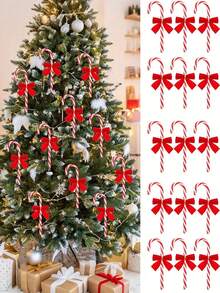 24pcs-Plastic Candy Cane With Red Bows,Candy Cane Christmas Decorations, Glitter Candy Cane With Bows Crutch Pendant, For Christmas Tree Hanging Decorations, Christmas Tree Party Decorations,Holiday Decor Wedding, Birthday, Graduation ,Christmas, Halloween, Thanksgiving, New Year's Indoor Festive Decorations,Christmas
