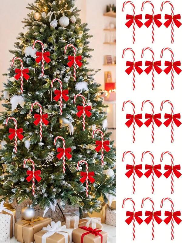24 قطعة - قصبات حلوى بلاستيكية مع فيونكات حمراء، ديكورات عيد الميلاد من قصبات الحلوى، قصبات حلوى لامعة مع فيونكات عكاز للتعليق على شجرة عيد الميلاد، ديكورات حفلة شجرة عيد الميلاد، ديكورات داخلية احتفالية لعيد الميلاد والأعياد والزفاف والتخرج والهالوين وعيد الشكر ورأس السنة