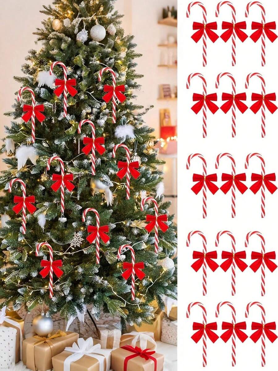 24pcs-Plastic Candy Cane With Red Bows,Candy Cane Christmas Decorations, Glitter Candy Cane With Bows Crutch Pendant, For Christmas Tree Hanging Decorations, Christmas Tree Party Decorations,Holiday Decor Wedding, Birthday, Graduation ,Christmas, Halloween, Thanksgiving, New Year's Indoor Festive Decorations,Christmas