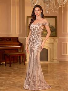 UNITHORSE [Random Cut] Women Off Shoulder Backless Dress, Shiny Sequins Elegant Evening Party Dress, Bride Dress, Birthday Outfits, Graduation Dress, Formal Dress - 香檳色 - 查看 4