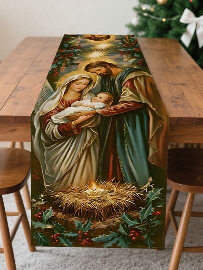 1 Stück klassische Weihnachtskrippen- & Stechpalmenbeeren-Muster Polyester Tischläufer, religiöser festlicher Stil 100% Polyester rechteckiger Tischläufer mit lebendigen Details der Heiligen Familie & des Sterns, knitterresistent, leicht zu reinigen Polyester Tischflagge für Weihnachtstisch Dekoration, Kirchenveranstaltung Tischaufsatz, Feiertags-Heimdekoration